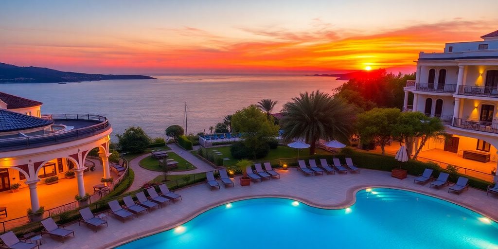 Boutique hotel in Bodrum with pool and sunset view.